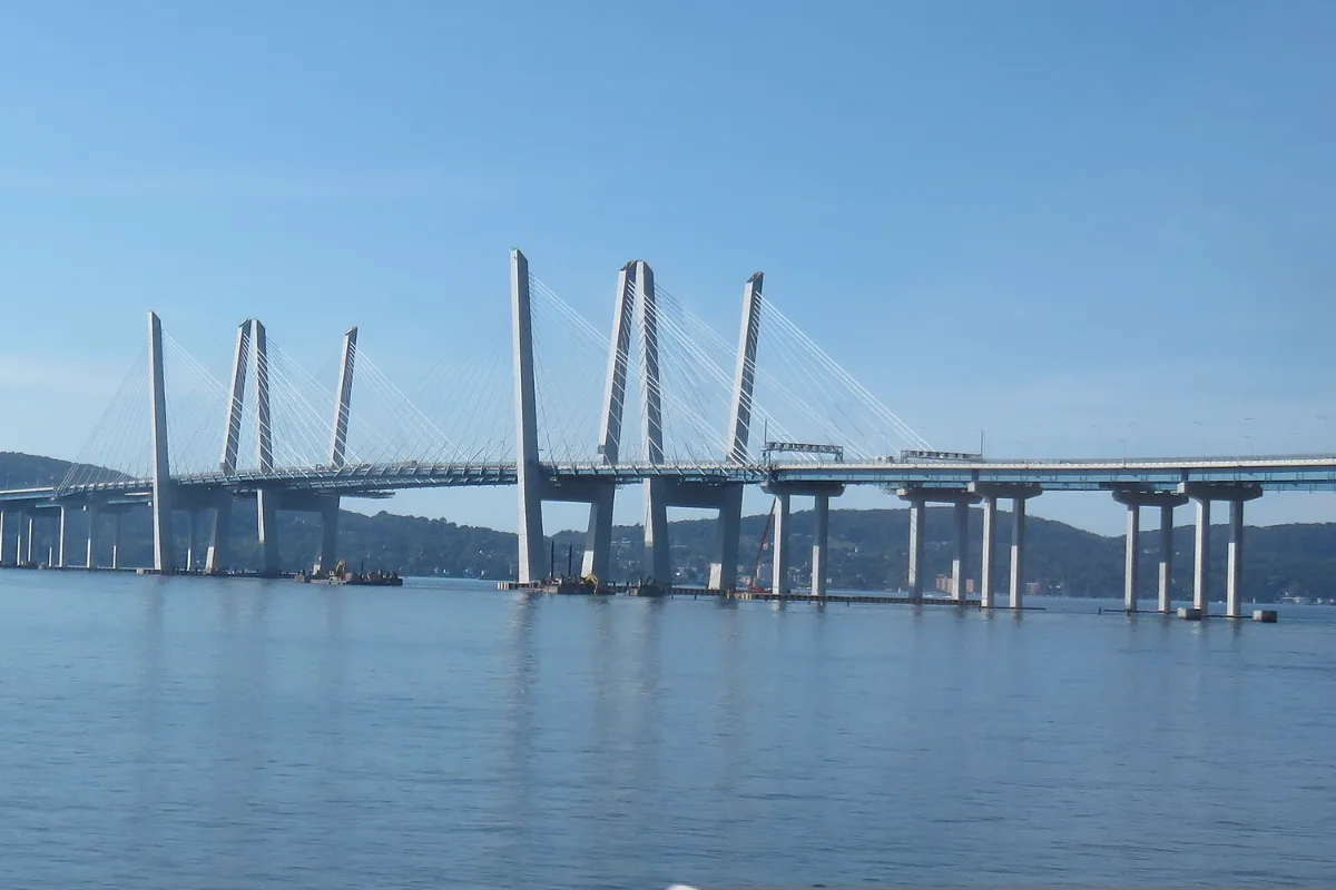 The Tappan Zee bridge over the Hudson River, its cable-stayed towers against a clear sky
